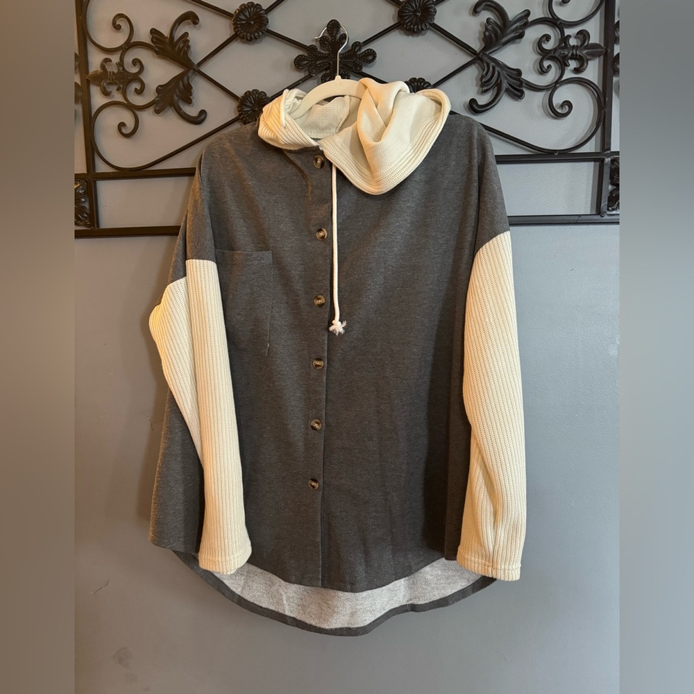 Gray and Cream Button-Up Hoodie